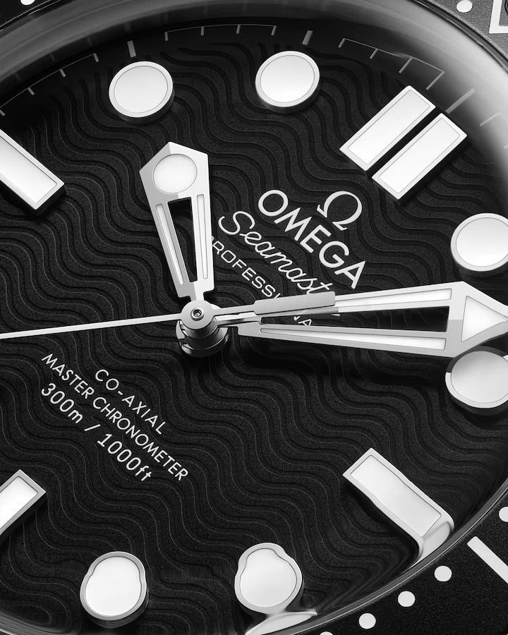 Close-up of Omega Seamaster watch face with detailed design