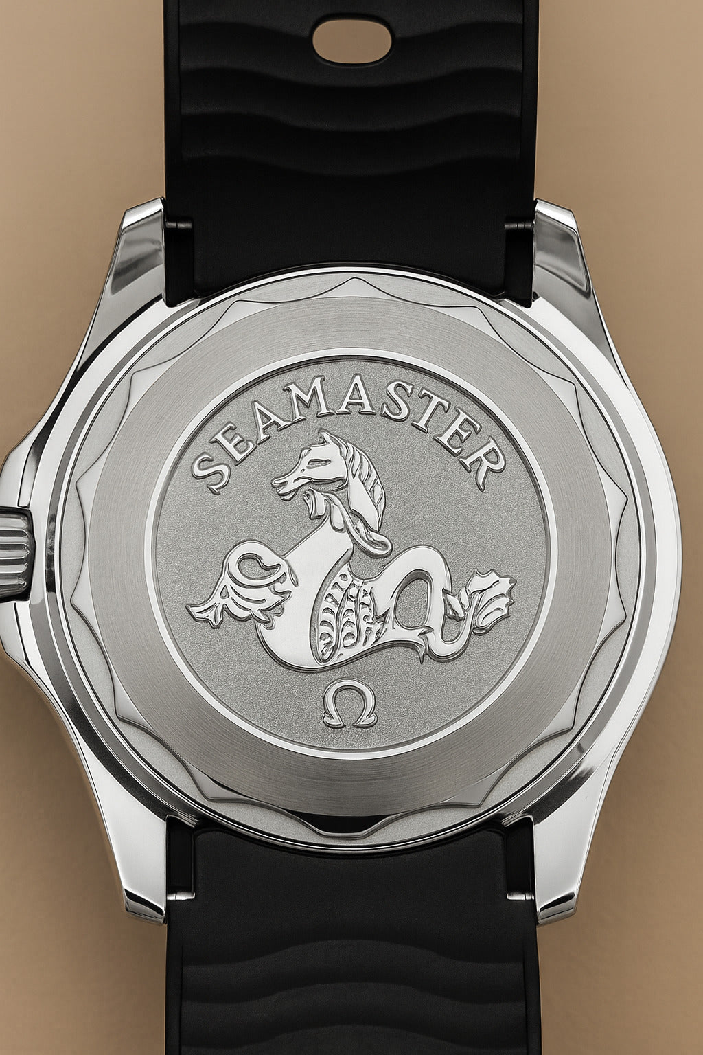 Seamaster Omega watch back with logo on a brown background