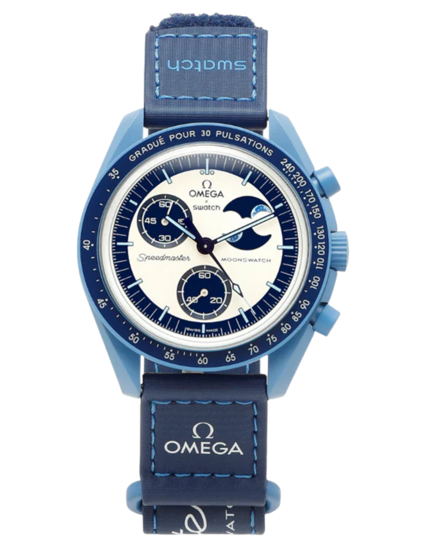 Blue Omega watch with detailed face on a white background