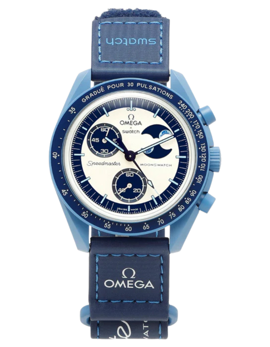 Blue Omega watch with detailed face on a white background