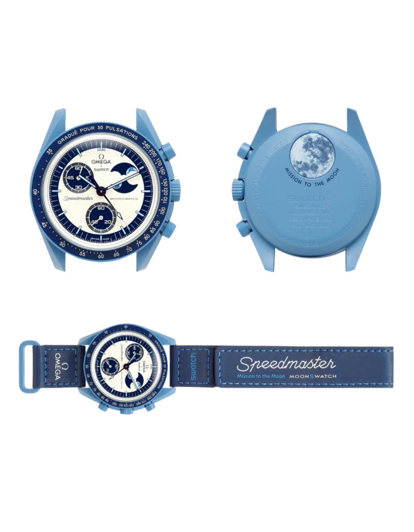 Blue watch with detailed face and strap on a white background