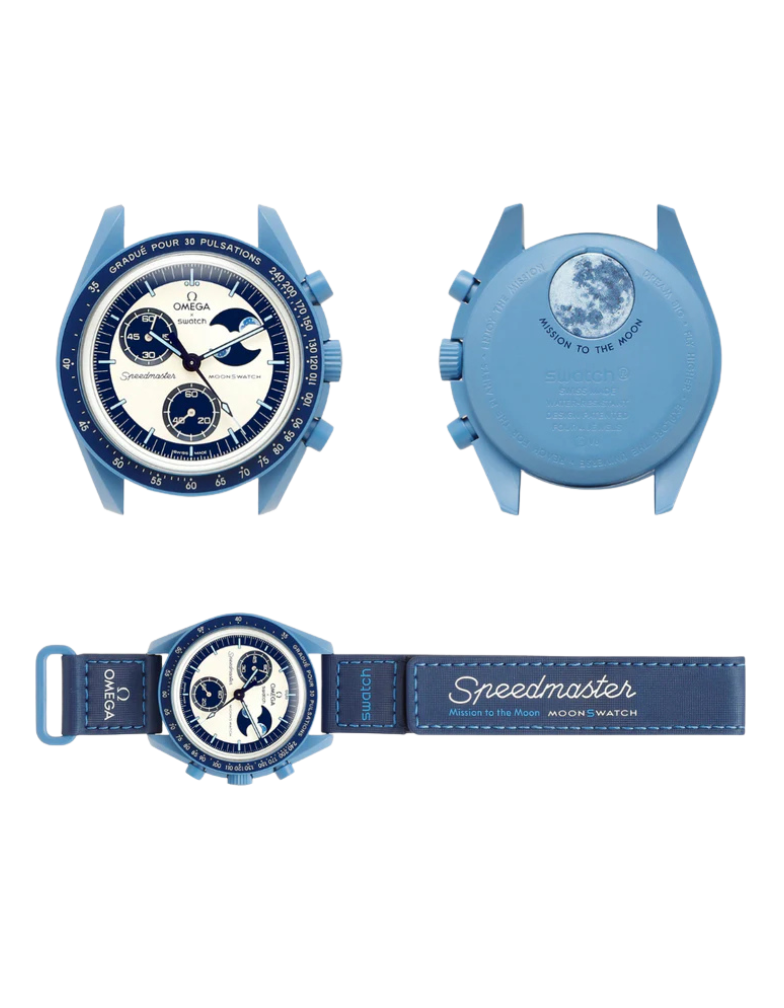 Blue watch with detailed face and strap on a white background