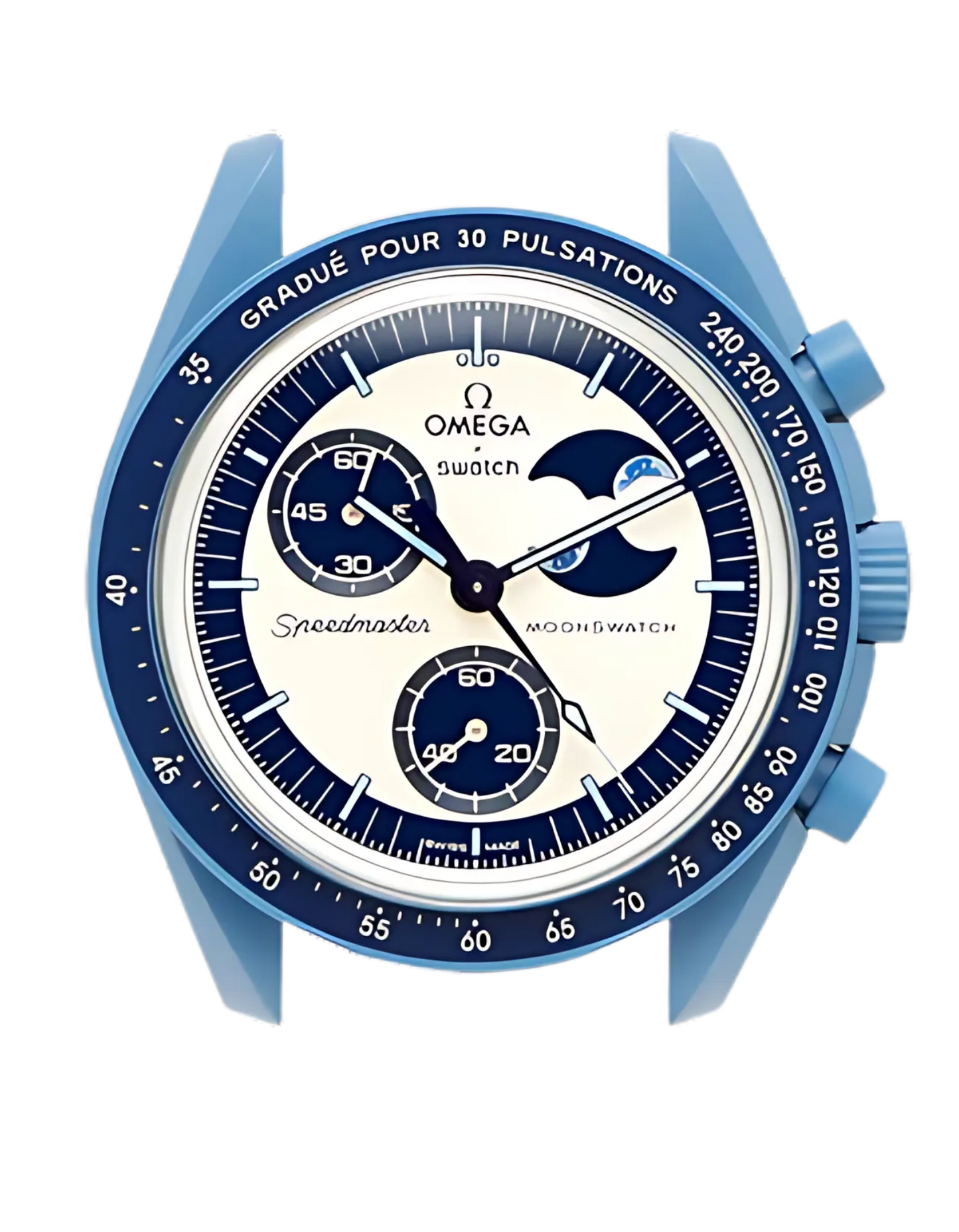 Omega Speedmaster Moonwatch watch with blue case and bezel on a white background